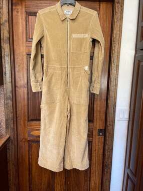 Stoic Corduroy Utility Jumpsuit Coverall Tan Beige Wide Leg Zip Front Size S
